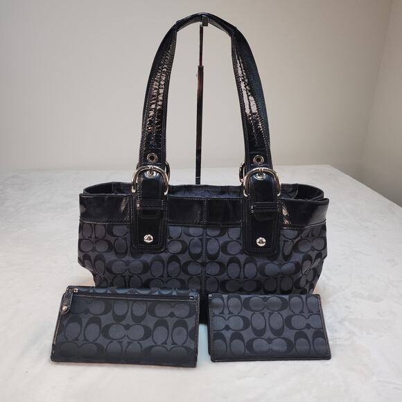 Coach Matching Purse Set of 3 Handbag Wallets Black Canvas Patent Leather - Picture 2 of 13